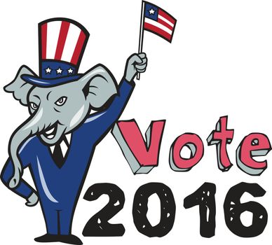 Vote 2016 Republican Mascot Waving Flag Cartoon