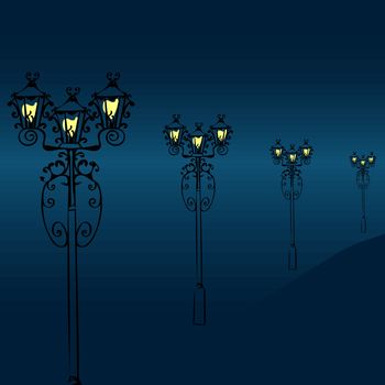 Night street with vintage lanterns