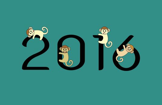 Vector image of an monkeys and 2016 numbers on blue  background