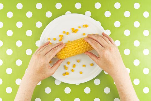 Woman eating maize corn, top view
