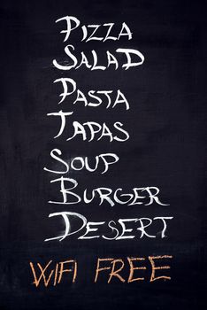 Restaurant Advertising Blackboard with Beverage, Food and Drink Refreshment Drinks List Written in Chalk - pizza, salad, pasta, tapas, soup, burger, desert, free wifi
