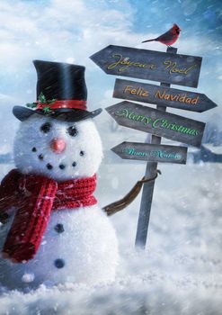 Snowman holding wooden sign with greetings