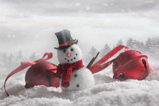 Snowman with bells in snowy background