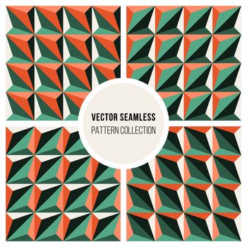 Set of Four Vector Seamless Geometric Triangle Patterns in Green and Orange Shading