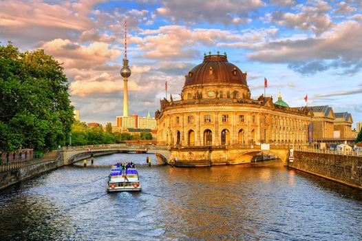 Bode museum on Spree river and Alexanderplatz TV tower in center