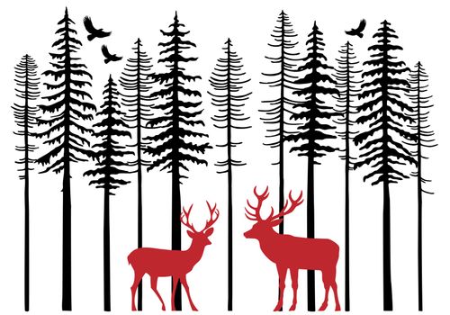 Fir tree forest with reindeer, vector