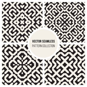 Set of Four Vector Seamless Black And White Ethnic Geometric Blocks Pattern