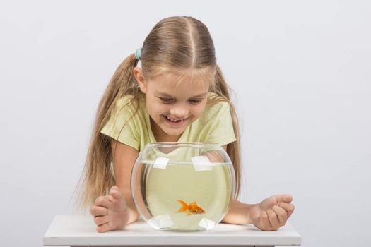 Happy six year old girl looking down on the aquarium with goldfish