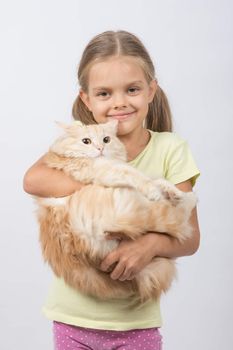 Six year old girl holding adult domestic cat