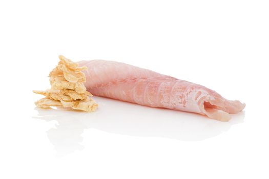 Fresh catfish fillet and dry fish chips isolated on white background. Culinary healthy seafood eating. 