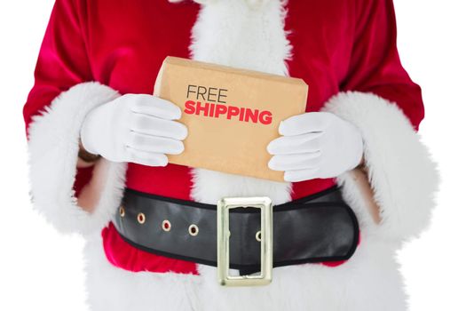 Composite image of mid section of santa claus holding box