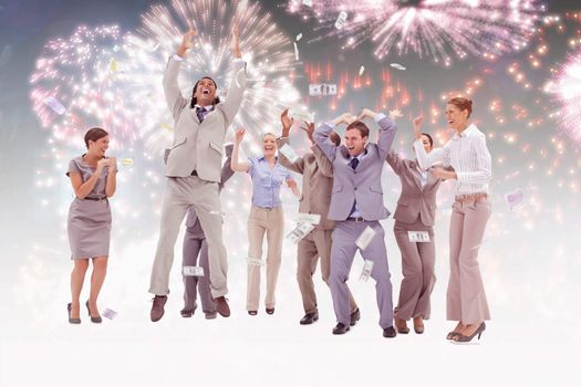 Composite image of very happy people with money falling from the sky