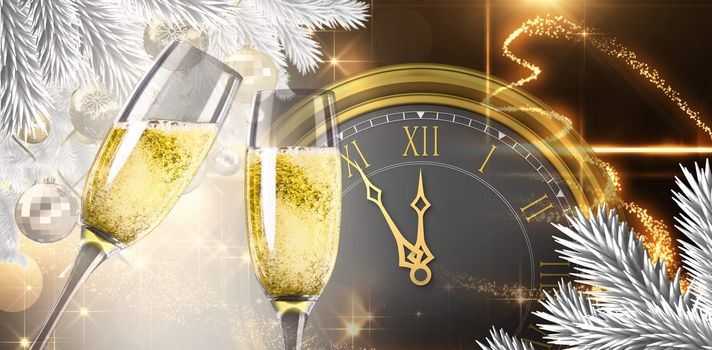 Champagne glasses clinking against christmas light design