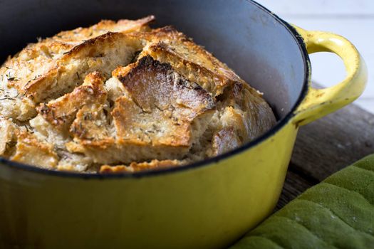 Artisan rustic crusty bread baked in dutch oven