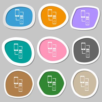 Synchronization sign icon. communicators sync symbol. Data exchange. Multicolored paper stickers. 
