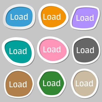 Download now icon. Load symbol. Multicolored paper stickers. 