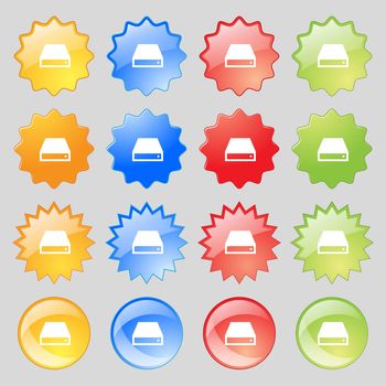 CD-ROM icon sign. Big set of 16 colorful modern buttons for your design. 