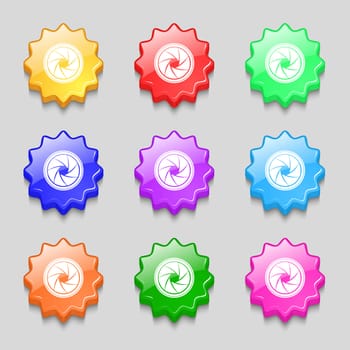diaphragm icon. Aperture sign. Symbols on nine wavy colourful buttons. 