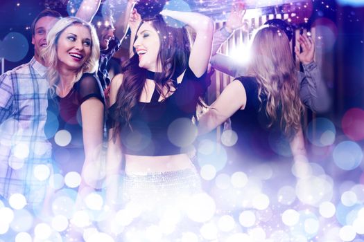 Composite image of stylish friends dancing and smiling