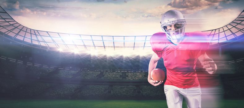 Composite image of portrait of sportsman running while playing american football