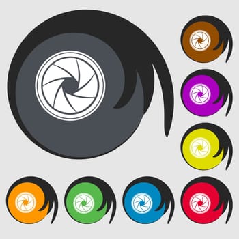 diaphragm icon. Aperture sign. Symbols on eight colored buttons. 
