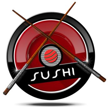 Icon or symbol with red plate, wooden and silver chopsticks, sushi roll and text Sushi. Isolated on white background