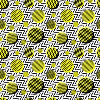 Vector Seamless Black White Yellow Vintage 80's Wavy Lines And Circles Jumble Pattern