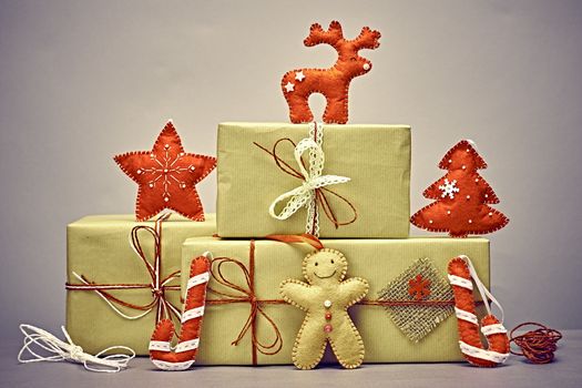 Gift boxes handcraft stack, gingerbread. Christmas