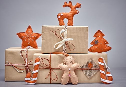 Gift boxes handcraft stack, gingerbread. Christmas