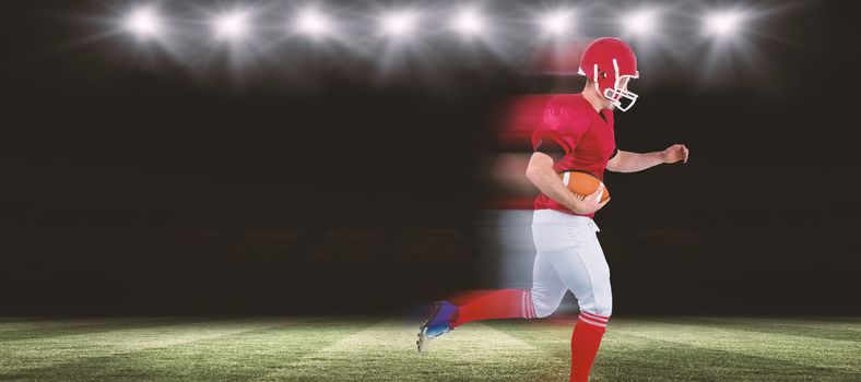 Composite image of american football player running with football