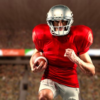Composite image of american football player in red jersey running