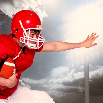 Composite image of american football player jumping with the ball