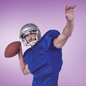 Composite image of american football player looking away while throwing the ball