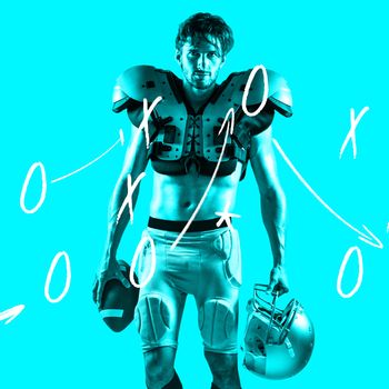 Composite image of shirtless american football player with padding holding ball and helmet