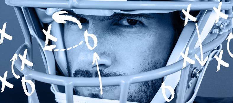 Composite image of close-up portrait of stern american football player
