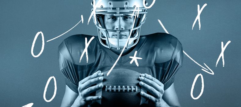 Composite image of close-up portrait of confident american football player holding ball