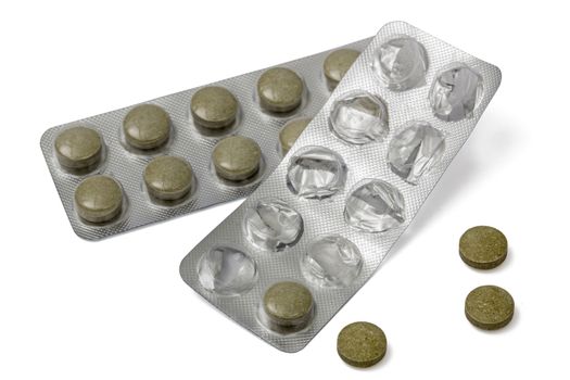 Used  blister pack with pills, isolated on white background, wit