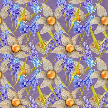 Provence Watercolor Pattern with Muskari and Physalis 