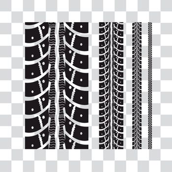 Tire tracks collection with different width. Vector illustration on checkered background