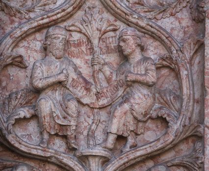 Detail of marble carvings on the Baptistery, Parma, Italy