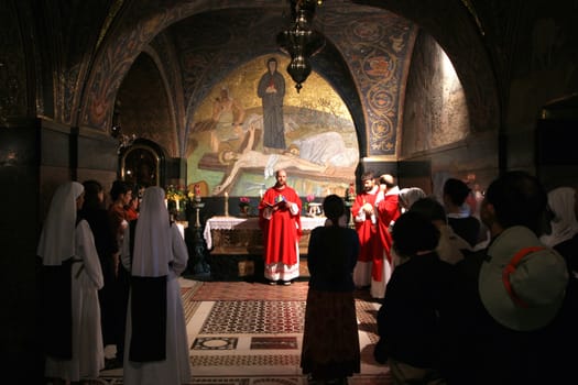 Catholic Mass at the 11th Stations of the Cross in the Church of the Holy Sepulchre. Jerusalem