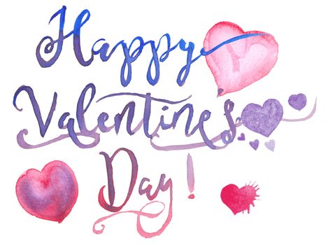 Happy Valentines Day watercolor text with hearts