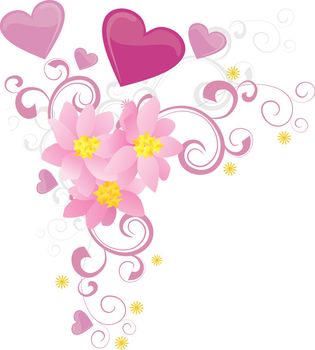pink heart with flowers and butterfly isolated on white