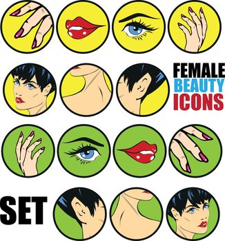 Female Beauty Icons Set Vector Retro Classic Comics Pin Up Style