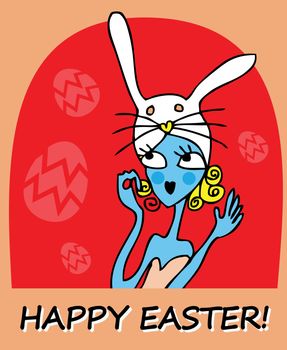 Happy easter card illustration with doodley woman, girl, easter eggs, easter bunny, easter rabbit and font.