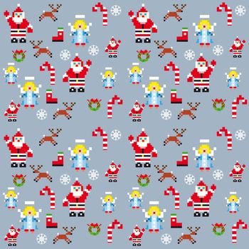 Holiday pixel gift paper background Seamless. Christmas and New Year background, xmas retro gift template, abstract beautiful card, graphic christmas icons for design 