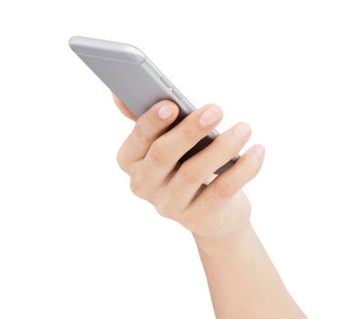 Hand holding phone on white background