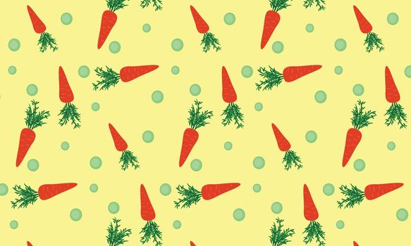 Seamless pattern of carrots with tops and balls on a yellow background