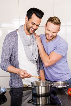 smiling gay couple preparing food in the kitchen 