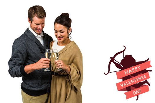 Composite image of happy couple holding wine glasses 